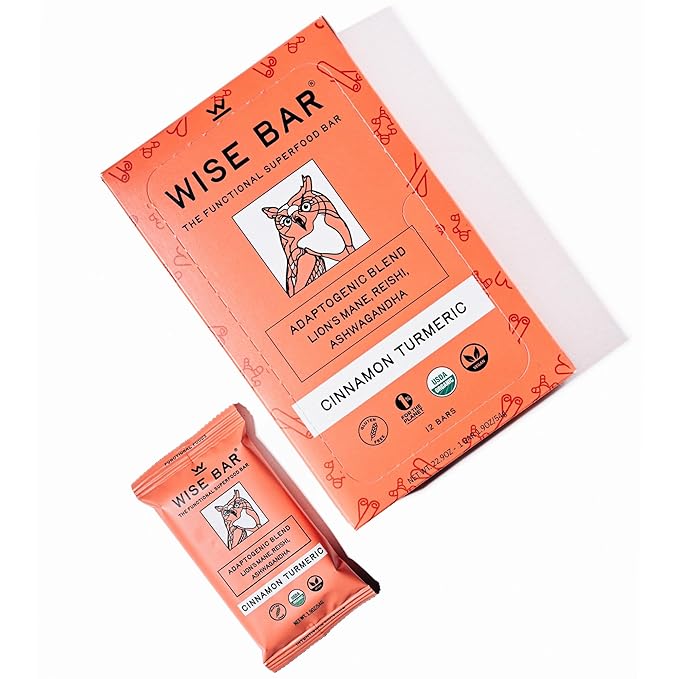 WISE BAR Adaptogen Mushroom Nutrition Bars with Reishi Lions Mane &amp Ashwagandha Organic Vegan &amp Gluten Free Snacks for Natural Focus Energy &amp Immunity Support Cinnamon Turmeric Flavor
