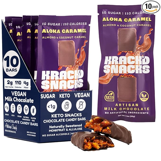 Krack’d Snacks Keto Milk Chocolate Snack Bars - On-the-Go Low Carb Dairy Free Chocolate with Almonds and Coconut Caramel - Gluten Free Sugar Free Candy - (Milk Chocolate Aloha Caramel 10 Pk)