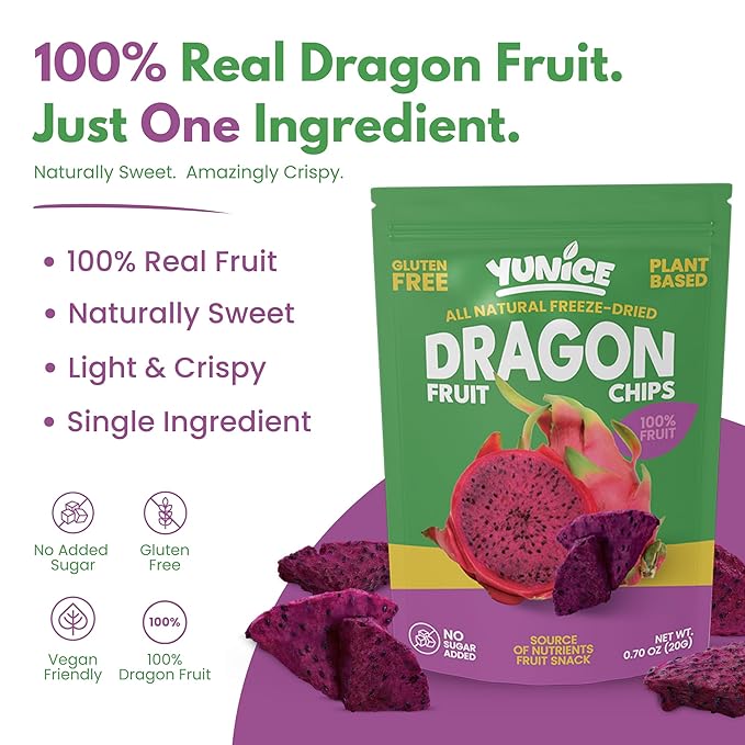 YUNiCE Dragon Fruit Chips freeze dried dragon fruit snack red dragon fruit 100% real fruit no sugar added gluten free plant-based crispy on-the-go pouches DRAGON FRUIT 0.70 Ounce (Pack of 12)