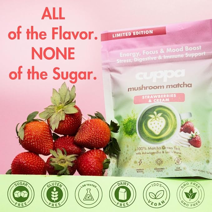 Cuppa Strawberries &amp Cream Matcha - Great tasting ceremonial matcha with mushrooms adaptogens &amp superfoods - Lion's Mane Ashwagandha Cordyceps MCT &amp Prebiotic Fiber . Supports natural
