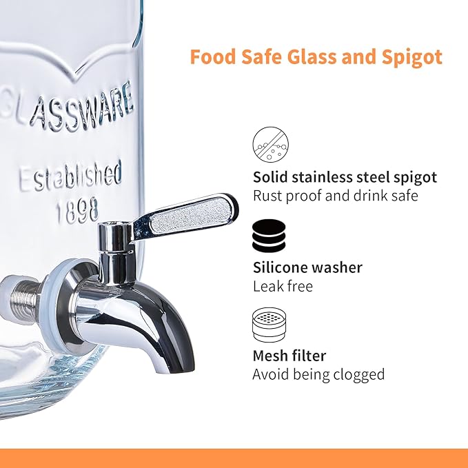 2 Pack1Gallon Glass Drink Dispenser with Stand&ampBamboo Lids&ampFruit Infuser304 Stainless Steel Leak-Proof SpigotBeverage Dispenser for PartiesWater Sangria Juice Sun Tea Lemonade(Natural)