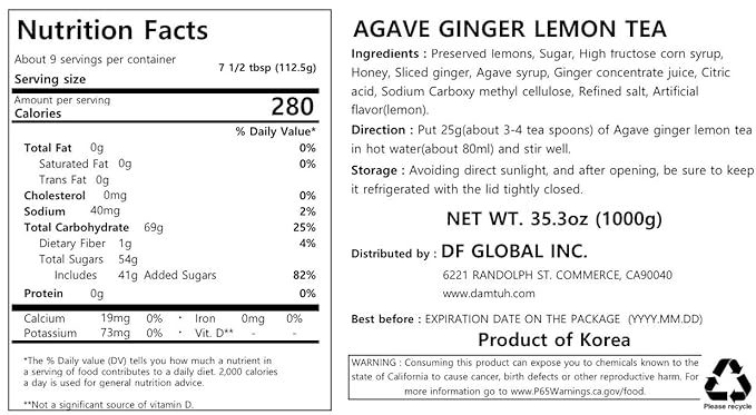 Damtuh Agave Ginger Lemon Tea – Natural Flavor No Artificial Ingredients Perfect for Hot or Iced Tea Jam or Salad Dressing – 2.2lb 1000g (Pack of 1)