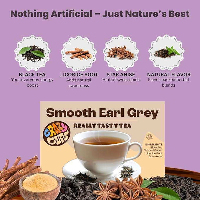 Crazy Cups Smooth Earl Grey Herbal Tea Pods 22 Count | Caffeine Free Kosher Certified Black Tea Blend with Licorice Root &amp Star Anise K Cup Compatible Bold Bergamot Flavor Gluten Free Vegan