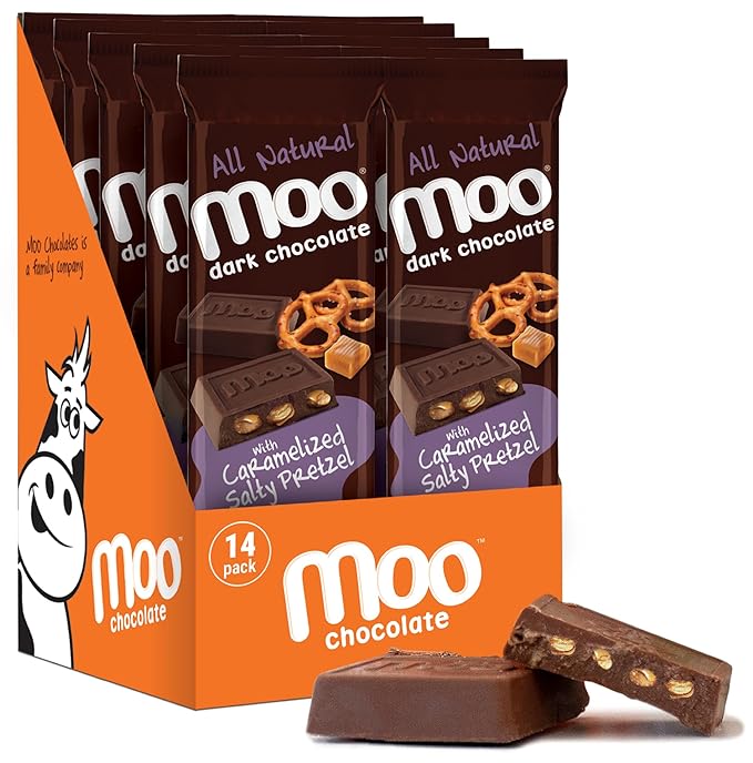 Moo Chocolates All Natural Dark Chocolate Large Bars with Caramelized Salty Pretzel 1.4 oz 14 ct (Pack of 1) | 110 Calorie Snacks for On-the-Go Lunchboxes Office