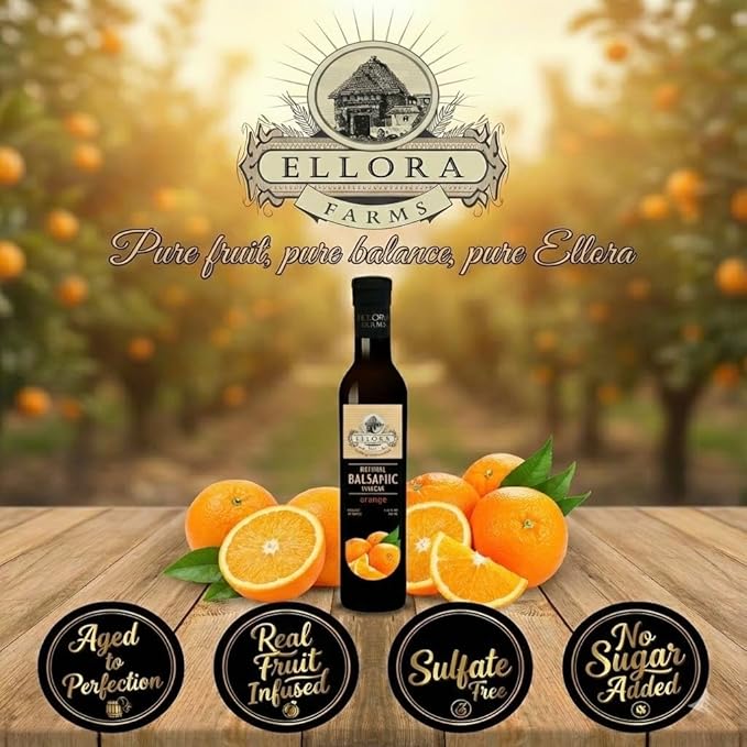 Ellora Farms Orange Balsamic Vinegar Real Fruit Infused Thick Barrel Aged No-added sugars No-preservatives Glass bottle 8.5 oz (Orange)