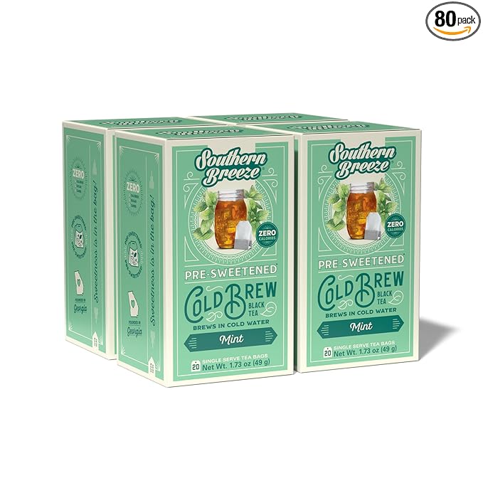 Southern Breeze Cold Brew Sweet Tea Mint Iced Tea with Black Tea and Zero Carbs Zero Sugar 20 Individually Wrapped Tea Bags (Pack of 4) Southern Sweet Tea Iced Tea Beverage