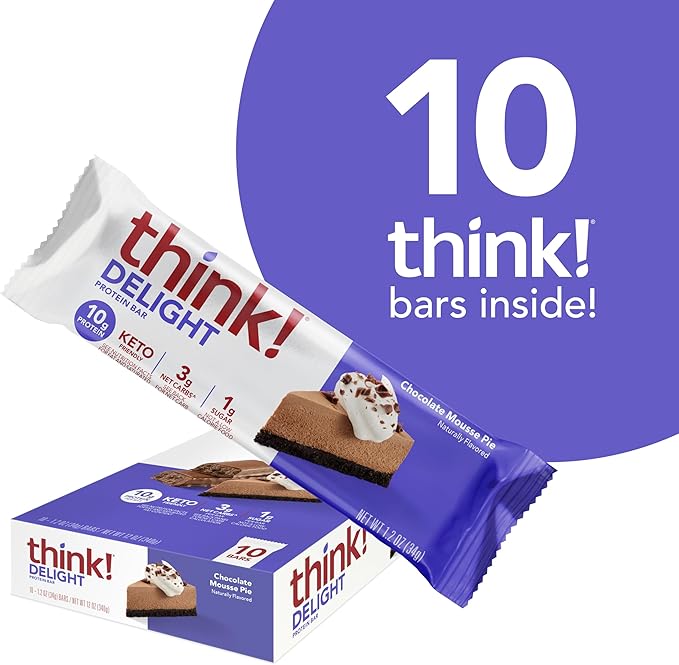 think! Delight Keto Protein Bars Healthy Low Carb Gluten Free Snack - Chocolate Mousse Pie 10 Count (Packaging May Vary)