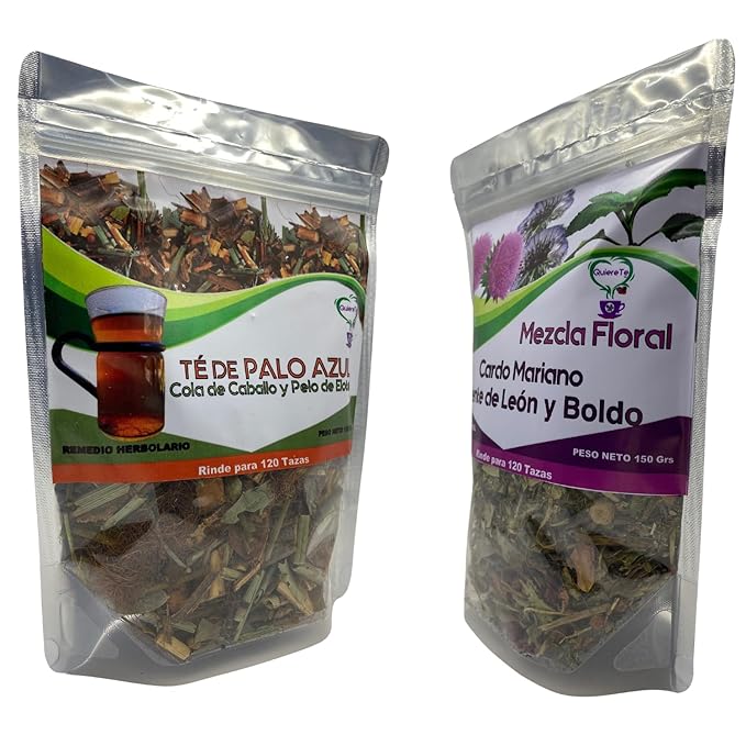 Combo Palo Azul and Cardo Mariano Quiere Te 5.3 oz (150 grams) Up to 200 Cups Milk Thistle and Kidneywood Resealable Bag Product From Mexico 100% Natural Infusion Herbal Combo 2 Bags