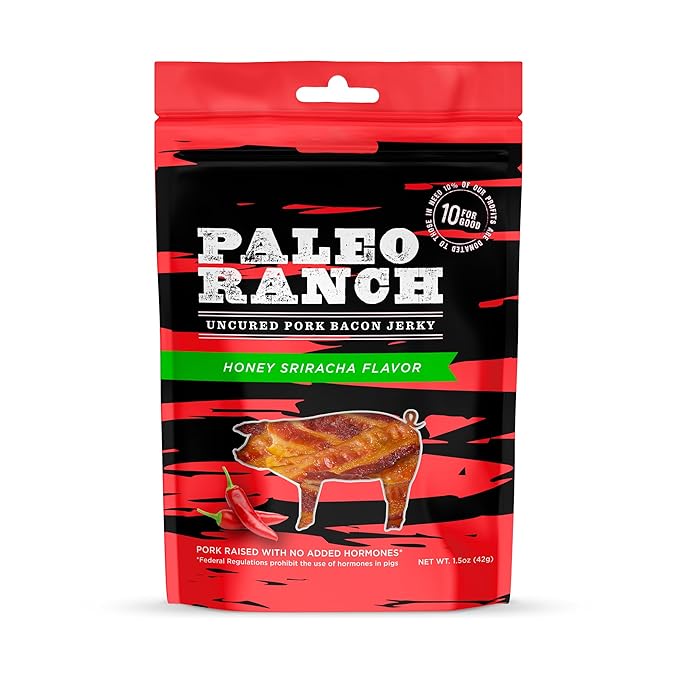 PALEO RANCH Uncured Bacon Jerky Honey Sriracha No Added Hormones No Preservatives 1.5-oz. Pouches (Pack of 8)