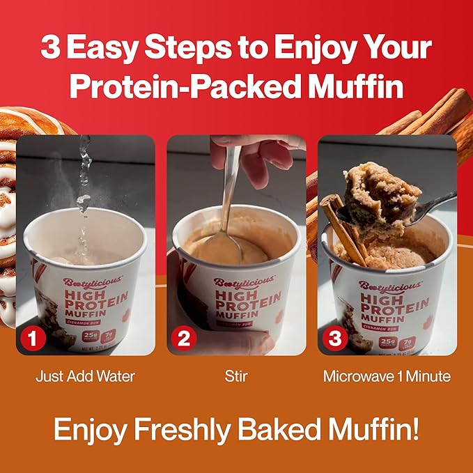Bootylicious | High-Protein Muffin | 25g Protein 7g Net Carbs 2.32-2.75oz Cup 12-Pack (Cinnamon Bun)