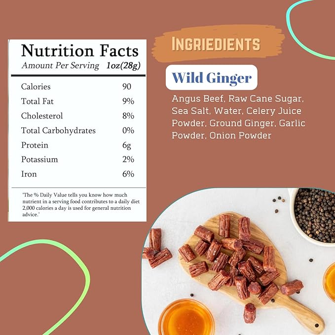 Wyoming All Natural Grass Fed Beef Sticks - Wild Ginger Flavor - Pack of 12 - Nitrate Free Jerky Meat Sticks - No Artificial Ingredients - Clean Tasty Meat Snacks - Angus Beef Sticks Individually Wrap