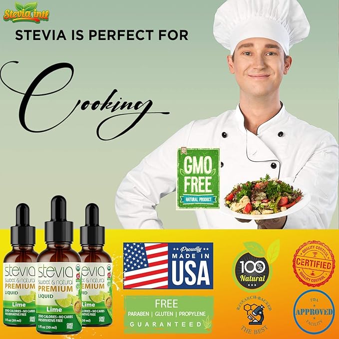 Lime Premium Quality Stevia Drops. Organic Liquid Stevia Sugar Substitute Naturally Sweet Non-Bitter 0 Calorie 0 Carb NON-GMO Diabetic &amp Keto Friendly (1oz) Glass Bottles (Pack of 3)