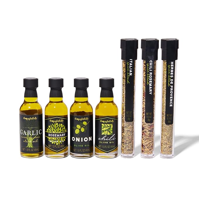 Thoughtfully Gourmet Olive Oil Spice Infusion Gift Set Premium Cold Pressed Extra-Virgin Olive Oil from Spain Includes 4 Flavored Olive Oils and 3 Flavorful Spice Infusion Blends Set of 7