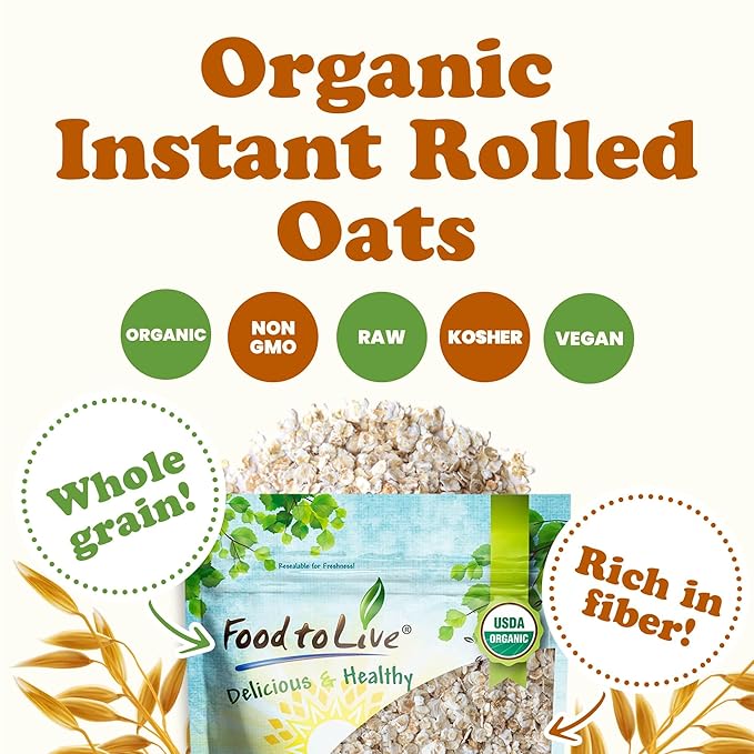 Food to Live Organic Instant Rolled Oats 4 Pounds - Ready in 1 Minute Non-GMO Whole Grain Oatmeal. Good Source of Fiber and Protein. Great Quick Cook and Overnight Oats for Nutritious Breakfast