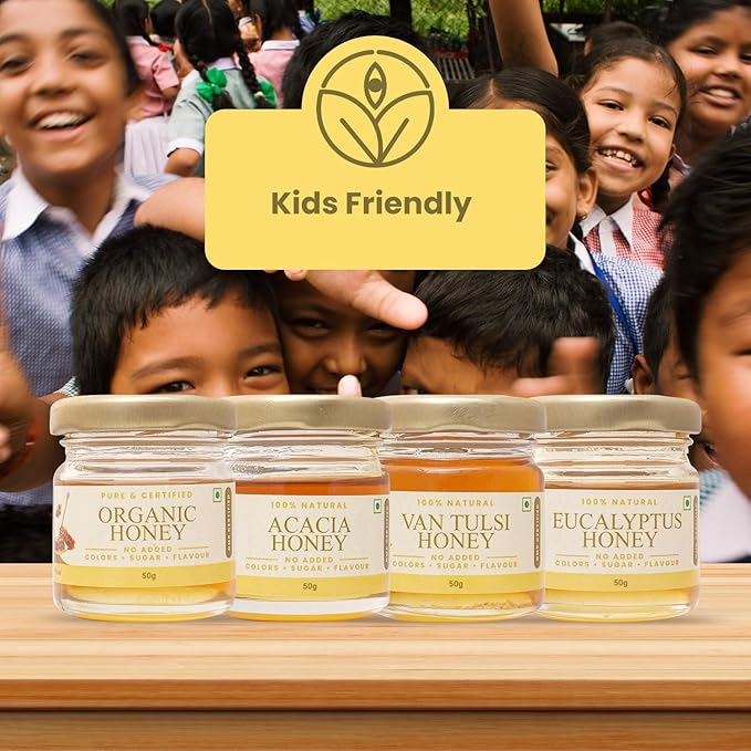 Shiva Organic Honey Tasters - Kid-Friendly Pack | 4 Flavors x 50g Each | Total 200g | Delight Young Taste Buds with Pure and Natural Honey
