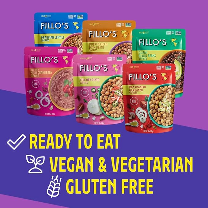 Fillo's Ready to Eat Variety Pack | Black Beans Lentils Pinto Beans Mayocoba Beans | Gluten-Free Preservative-Free Microwavable Meals Non-GMO Vegan Plant Protein 10 oz Pk of 6