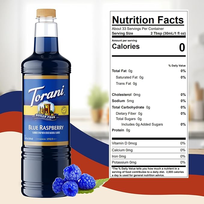 Torani Sugar Free Blue Raspberry Syrup 1 Liter Bottle with Pump Keto Friendly Zero Calorie Low Carb Diabetic Safe Flavoring for Coffee Shakes Snow Cones and Cocktails