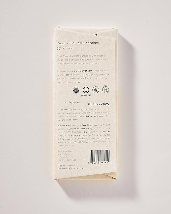Mast Chocolate Bars | 6 pack | Organic Kosher | Classic 2.5oz each (6 Bars Organic Oat Milk Chocolate 50% Cacao)