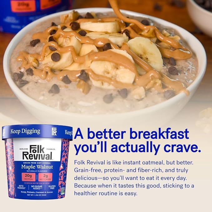 Folk Revival Maple Walnut Keto Instant 'Oatmeal' - 20g Protein 2g Net Carbs High Fiber Non GMO Gluten Free Made with Acorns - 12 Cups Per Case