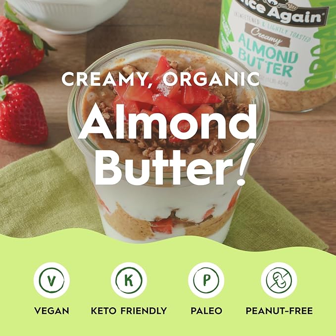 Once Again Creamy Organic Almond Butter No Sugar Lightly Toasted - Single Ingredient Nut Butter No Palm Oil No Salt - Glass Jar Non-GMO Gluten Free Vegan (6-Pack 16 oz Glass Jars)