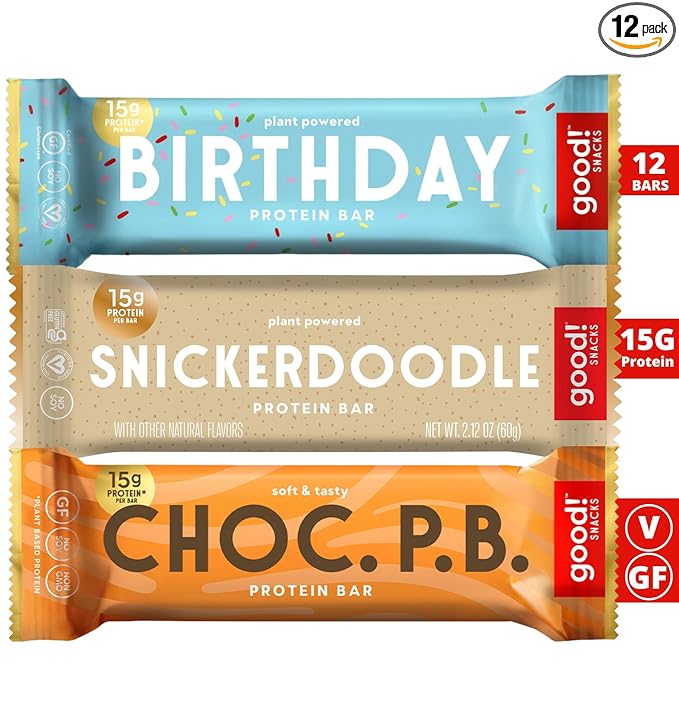 good! Snacks 3 Flavor Variety Pack Vegan Protein Bars Birthday Cake Chocolate Peanutbutter &amp Snickerdoodle Protein Bar Soy &amp Gluten Free Plant Based Low Sugar 15g Clean Protein Healthy