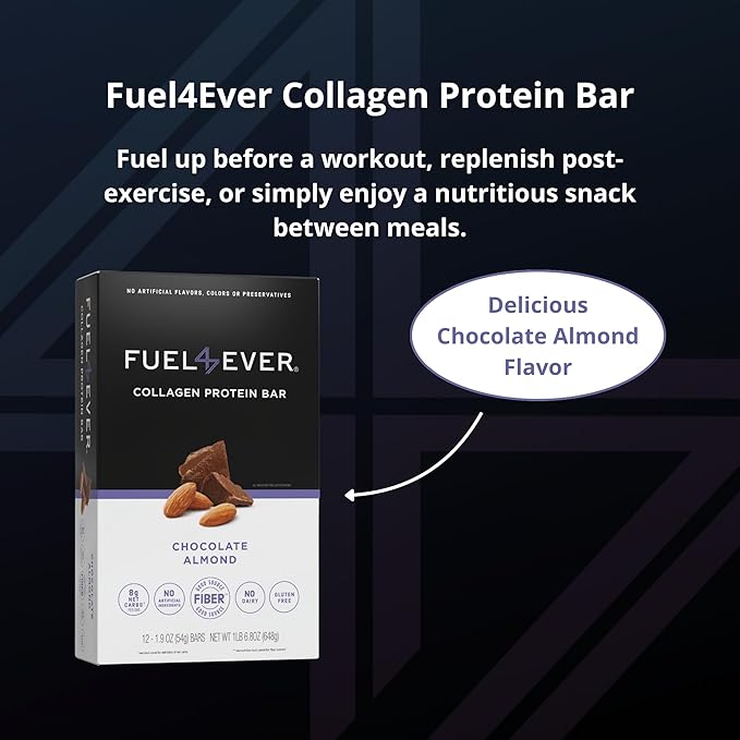 Fuel 4 Ever Collagen Protein Bars | 14G Protein Gluten Free Dairy Free No Stevia or Artificial Ingredients Added Sweetened with Honey | Chocolate Almond Flavor (Box of 12)