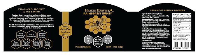 Premium Tualang Black Honey 13oz (TA 14+ Pollen Count 4.8M+ Pollen Variety 150+) Intense Choice for Men Preservation Wild-ripening on 250ft Treetop Raw Unpasteurised Unfiltered