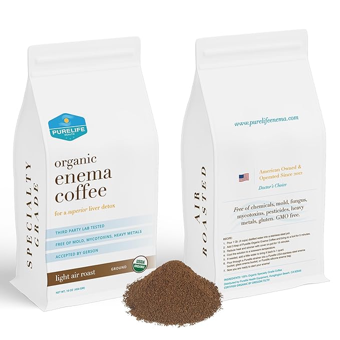 Purelife Enema Coffee- Certified Organic - Light Air Roast - Ground - Specialty Grade -Third Party Lab Tested - Mycotoxin Free - Accepted By Gerson Since 2012