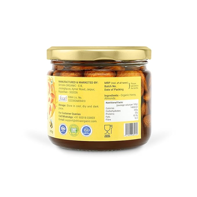 Shiva Organic Almond Nuts in Honey - 400g - Crunchy Protein-Rich High in Magnesium Phosphorus and Dietary Fiber - Natural Energy Booster