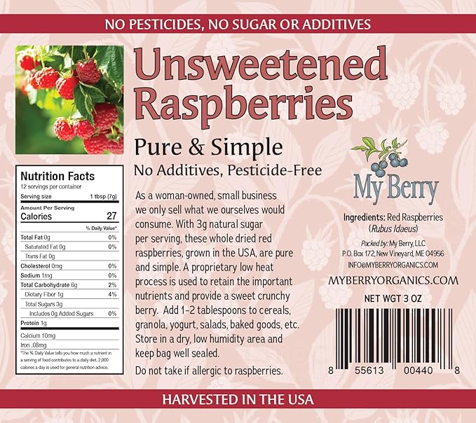 Unsweetened Dried Raspberries by My Berry | 3oz | Crunchy | Low Heat Dried - Not Freeze-Dried | No Added Sugar/Additives | USA Grown