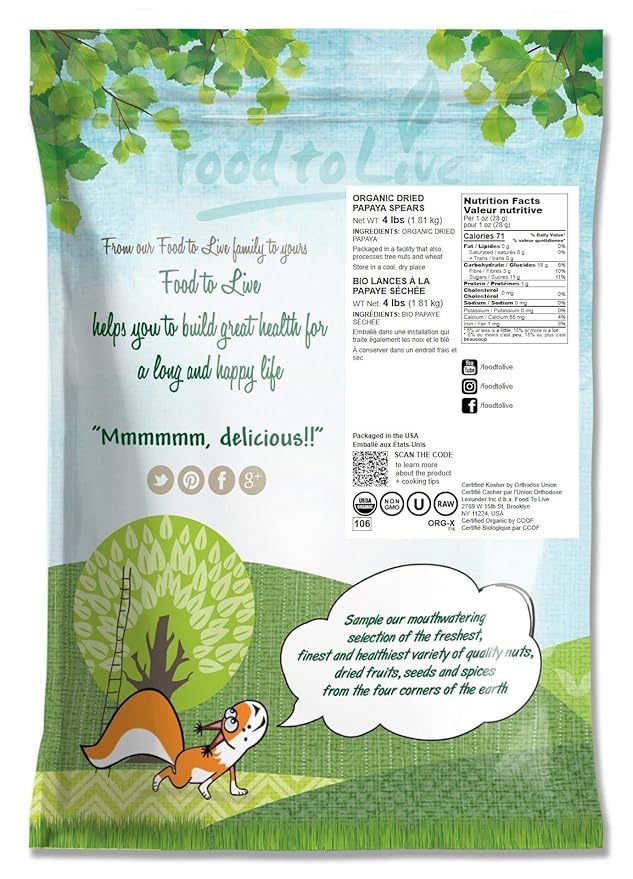 Food to Live Organic Dried Papaya Spears 4 Pounds Kosher Unsulfured Unsweetened Vegan Bulk