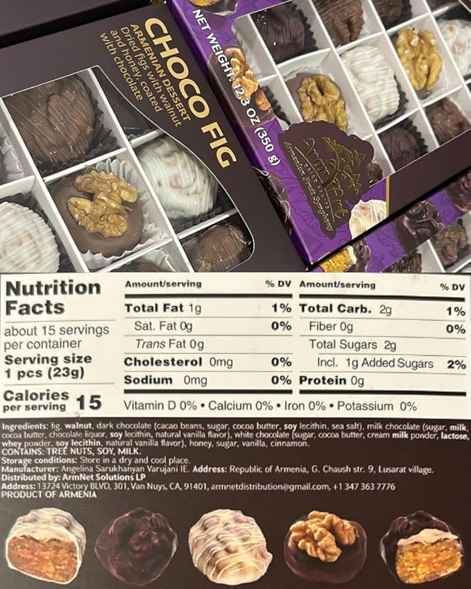 CHOCOFIG (12.3oz) – Premium Armenian Gourmet Delights | Walnuts &amp Figs Coated in Dark White &amp Milk Chocolate | Only 1g Added Sugar | Handcrafted Gift Box | Healthy &amp Delicious Snack.