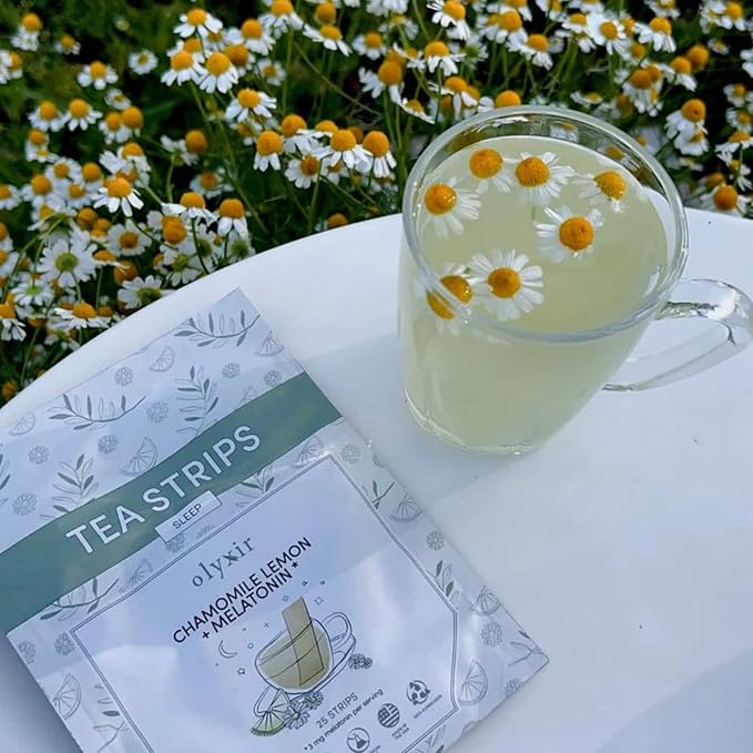 Olyxir Tea Strips - Chamomile &amp Melatonin Flavors - Instant Organic Paleo Vegan Made With Pullulan Cellulose Oat Fiber Natural Lemon Flavor Non-GMO | 25 Ct (Sleep)