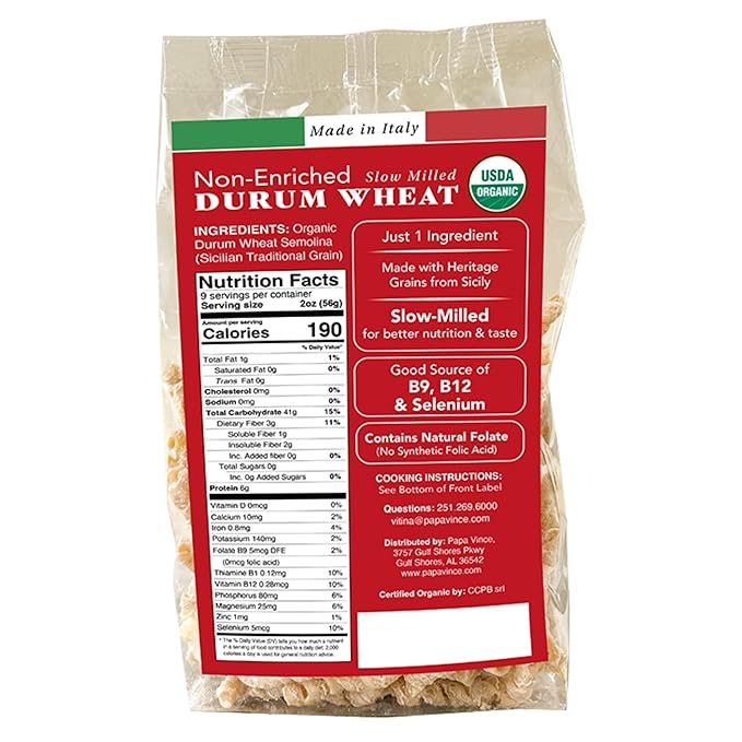 Papa Vince Organic Non Enriched Pasta - good whole wheat busiate pasta made in Italy from ancient grains cultivated in Sicily Italy. Slow Dried. Bronze Die Cut. Delightful Al dente texture. No funny