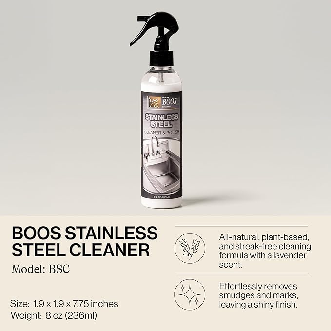 John Boos Stainless Steel Cleaner with Fine Mist Spray Lavender Scent 8 oz - Streak-Free Cleaning Polish &amp Stain Remover for Stoves Ovens Sinks &amp Kitchen Surfaces