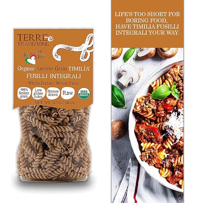 6 PACKS ORGANIC ITALIAN WHOLE DURUM WHEAT FUSILLI PASTA – Sicilian Ancient Grain Timilia Vegan Pasta Crafted in Italy. LOW-GLUTEN INDEX. Has 6X More Fiber and Protein than Popular Grains. Al dente tex