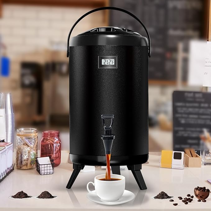 Insulated Beverage Dispenser - Thermal Hot and Cold Tea Dispenser - Stainless Steel 12L/3.2Gal with Spigot for Hot Coffee &amp Tea Cold Milk &amp Juice - Black
