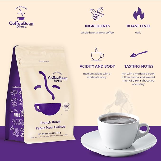 Coffee Bean Direct French Roast Papua New Guinea Whole Bean Coffee Arabica Coffee Dark Roast 1 Pound Bag (Pack of 1)