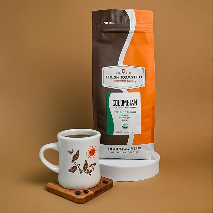 Fresh Roasted Coffee Organic Colombian | USDA Organic 100% Single Origin Kosher | Medium Roast 2 lb (32 oz) Whole Bean