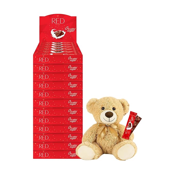RED Delight®™ Milk Chocolate 12 Count Box of Grab N Go Travel Size Bars (0.92 Ounces Each) with a 14 Plush Teddy Bear (12 Boxes - Total of 144 Bars + 14 Plush Bear)