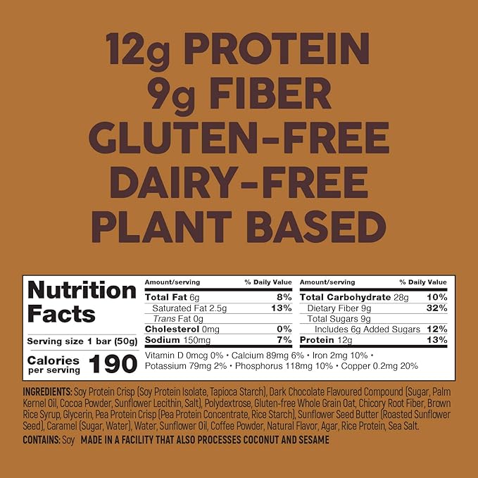 No Nuts! Caramel Mocha Protein Bars Nut-Free &amp School-Safe | 12g Plant Protein Dairy-Free Vegan Gluten-Free Non-GMO Organic Kosher | 12 Count