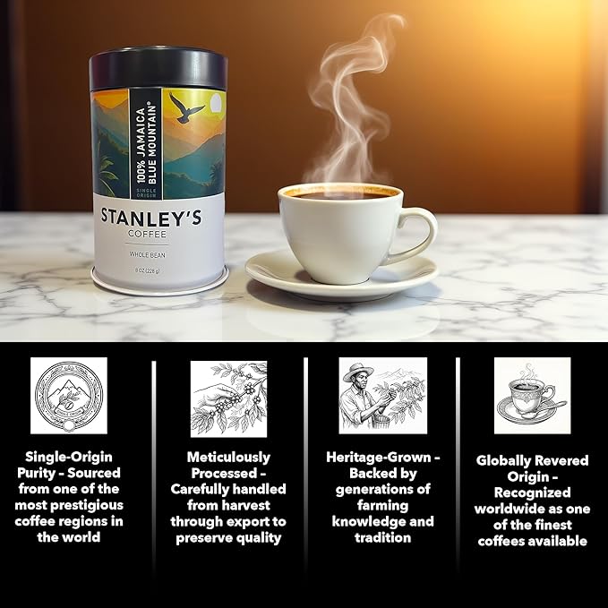 Stanley's Coffee - 100% Jamaica Blue Mountain Coffee Authentic Whole Bean Medium Roast Certified Single Origin Gourmet Jamaican Coffee Beans Premium Gift for Coffee Lovers 8oz
