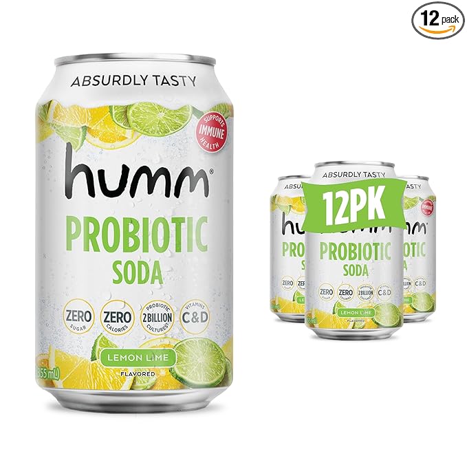 Humm Sparkling Probiotic Lemon Lime Soda Zero Sugar Zero Calorie 2 Billion Probiotics Vitamin C D and B12 12 fl oz (Pack of 12)