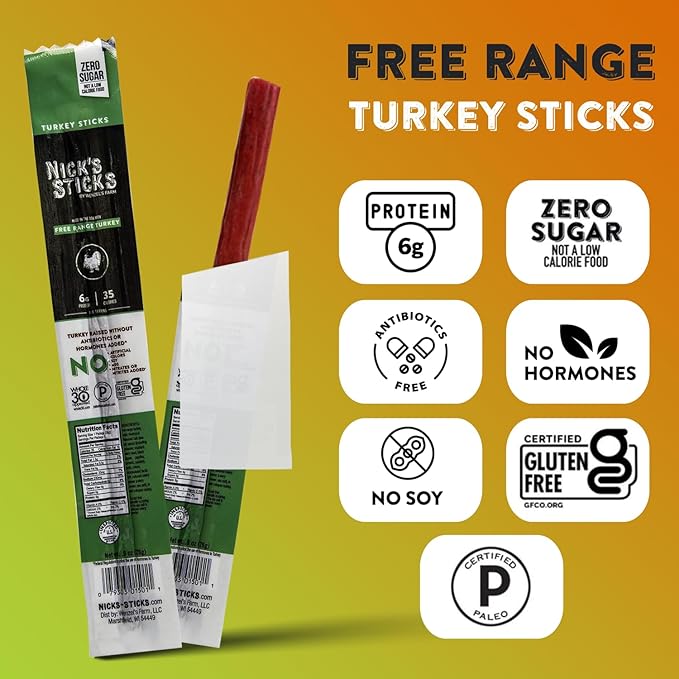 Nick's Sticks Clean &amp Balanced Free Range Turkey Snack Sticks | Made in the USA | Gluten Free | Paleo | Keto | Whole30 Approved | No Soy Antibiotics or Hormones (12 – .9 oz. Packs of 1 Sticks)