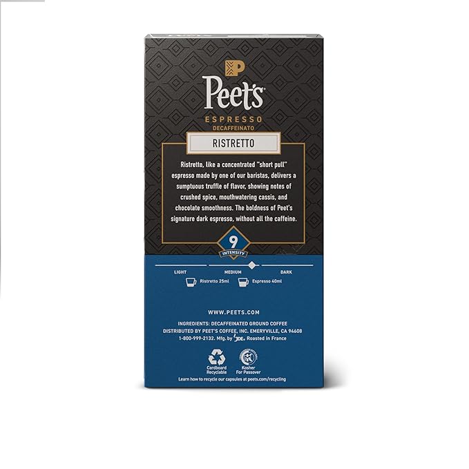 Peet's Coffee Medium Roast Decaf Espresso Capsules Compatible with Nespresso Original Machine Decaffeinated Arabica Coffee - Decaf Ristretto Intensity 10 50 CT (5 Boxes of 10 Espresso Capsules)