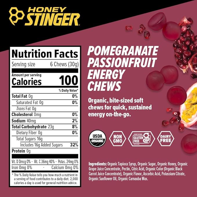 Honey Stinger Organic Pomegranate Passionfruit Energy Chew Gluten Free &amp Caffeine Free for Exercise Running and Performance Sports Nutrition for Home &amp Gym Pre and Mid Workout 12 Pack