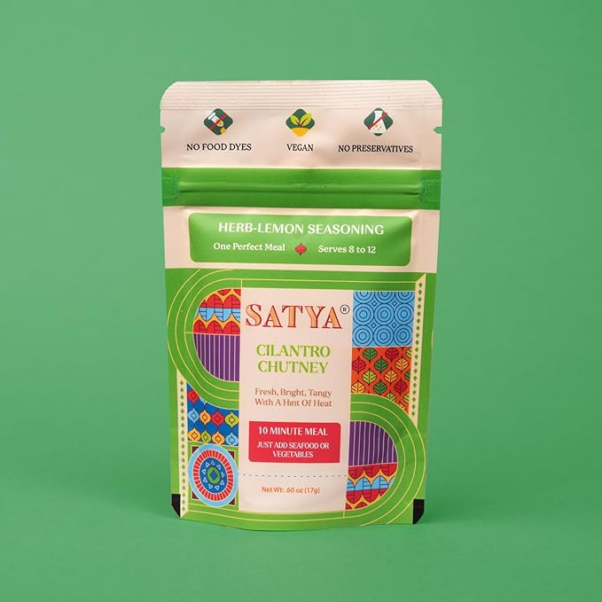 Satya Cilantro Chutney Powder Seasoning Mix 0.6 oz Sachets (Pack of 5- 85gm) – Herb Lemon Indian Seasoning for Vegetables &amp Seafood - Vegan Gluten &amp Dye Free Low Sodium Authentic Indian Spic