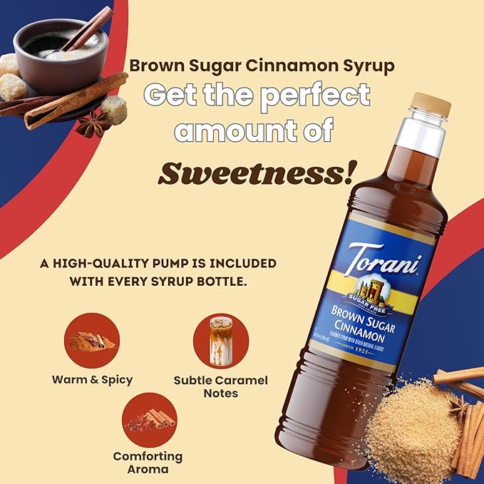 Torani Sugar Free Brown Sugar Cinnamon Coffee Syrup 1 Liter Bottle with Pump Dispenser – Zero Calorie Flavored Syrup for Lattes Cold Brews Teas Cocktails &amp Desserts – Keto Friendly