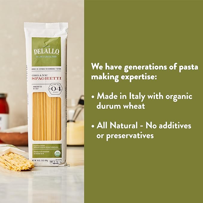 DeLallo Organic Spaghetti Pasta Made in Italy with 100% Certified Organic Semolina Durum Wheat Flour Bronze Cut Non-GMO Kosher Vegan 1 Pound Bag (8 Pack)