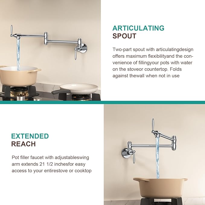 Wall-Mounted Foldable Brass Pot Filler Faucet for Kitchen Multifunctional Adjustable Water Faucet (Chrome)